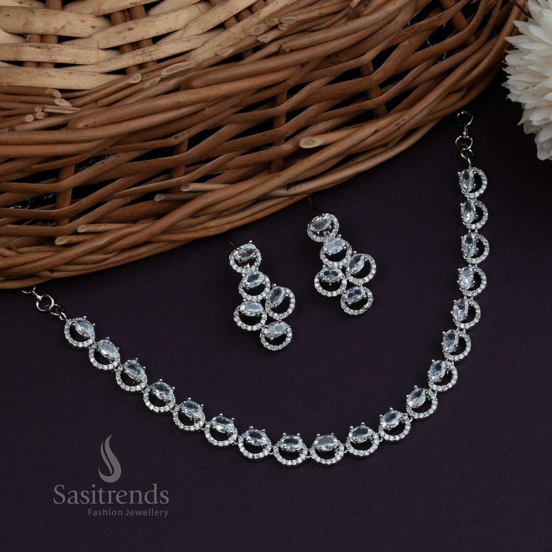 Gorgeous Rhodium Silver Plated Oval American Diamond Necklace Jewellery Set  for Parties Trendy Women Jewellery Sasitrends