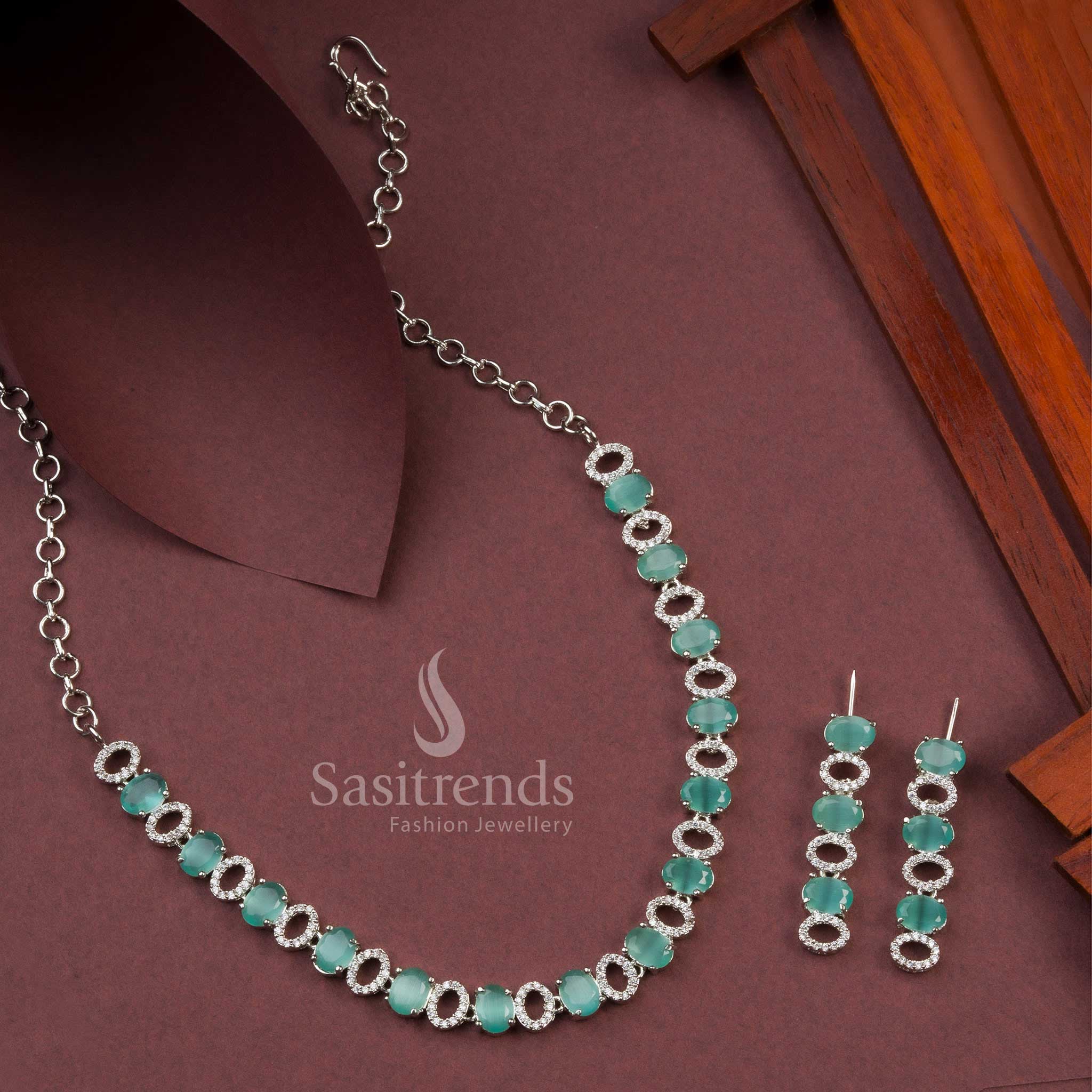 Mint oval pattern rhodium silver plated party wear American diamond jewellery set with fresh pastel glow and graceful shine – Sasitrends