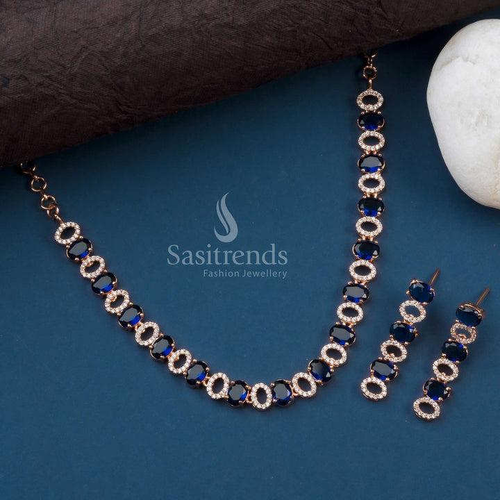 Deep blue rose gold plated oval pattern jewellery set featuring festive glam and luxury American diamond shine – Sasitrends