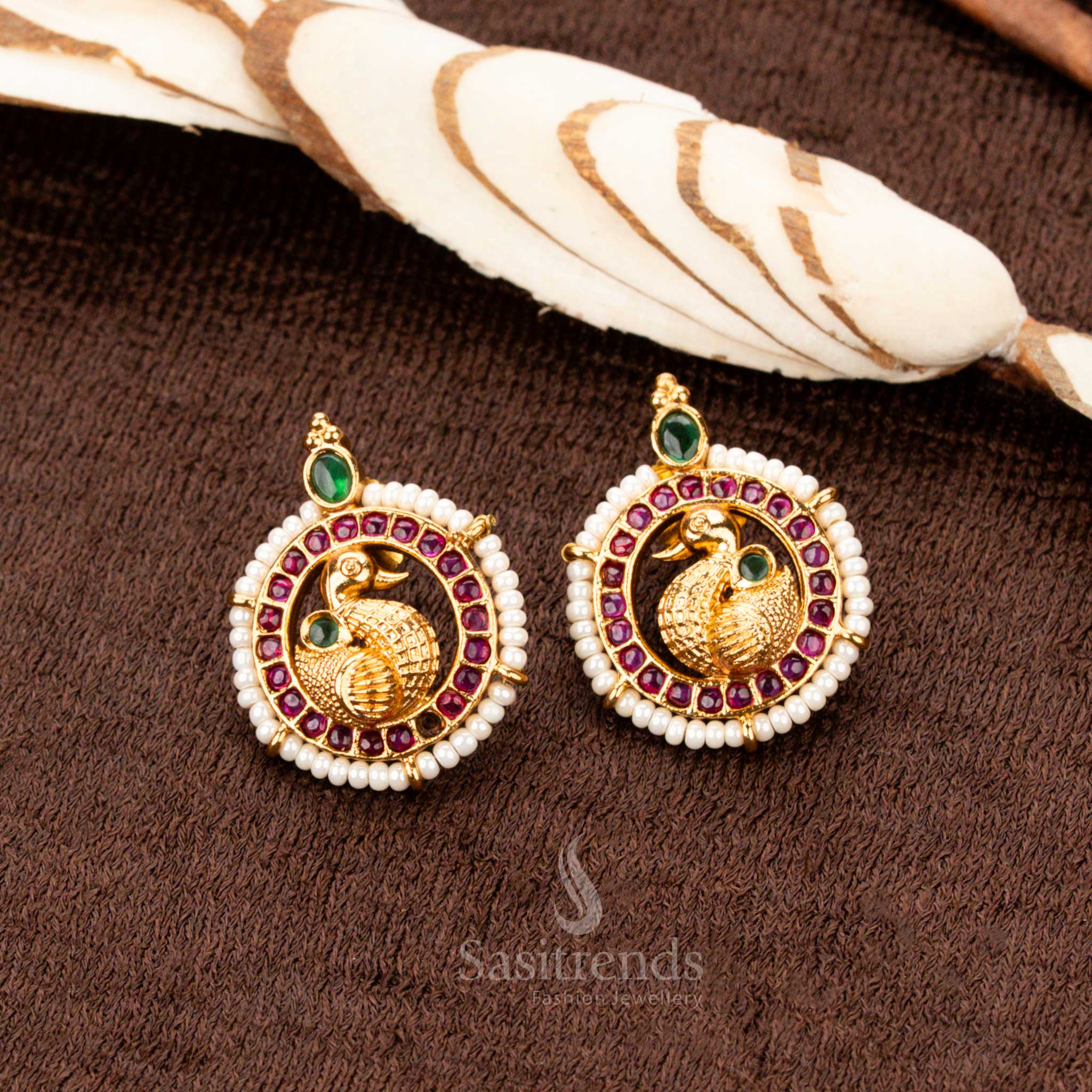 Bridal and Festive Peacock Motif Stud Earrings with Matte Finish - Sasitrends