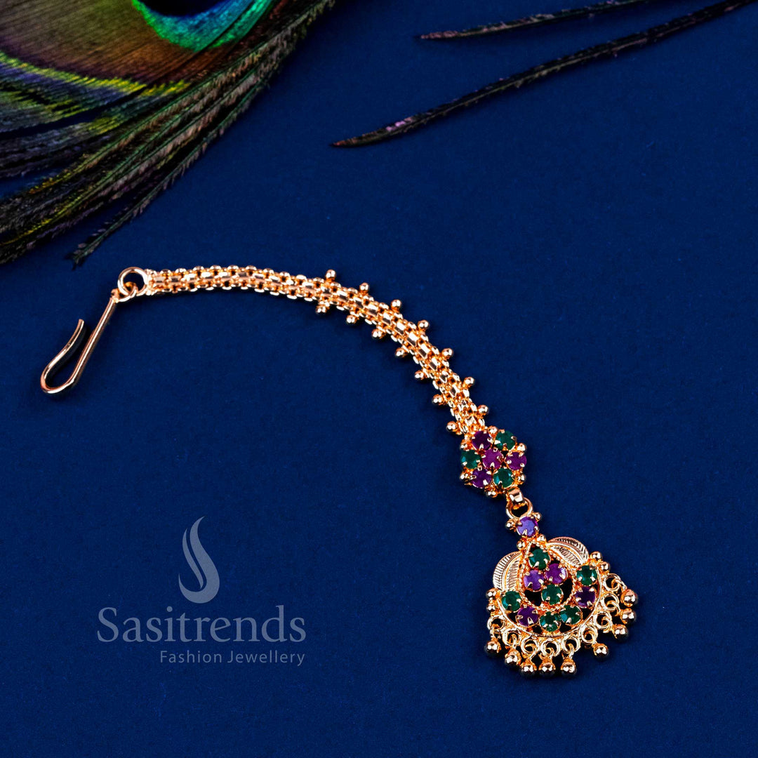 Micro Gold Plated Thilak Floral Maang Tikka with AD Stones - Ruby-Green