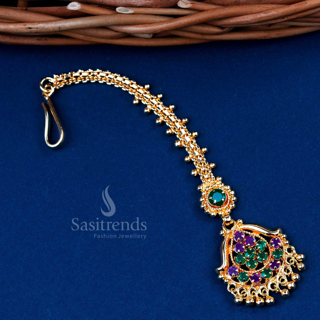 Micro Gold Plated Floral Maang Tikka with AD Stones and Bead Drops - Ruby-Green Stones - Sasitrends