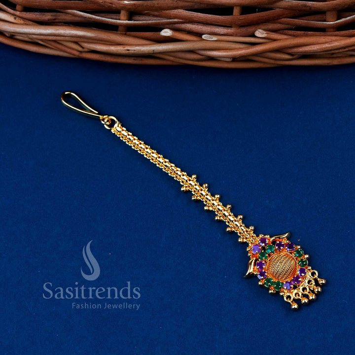Radiant Gold Plated Maang Tikka with Ruby Green Stone & AD Stones