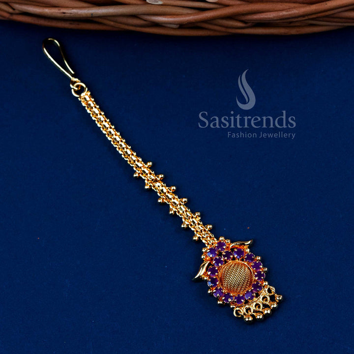 Gold Plated Maang Tikka with Rich Ruby Color Stone & AD Stones
