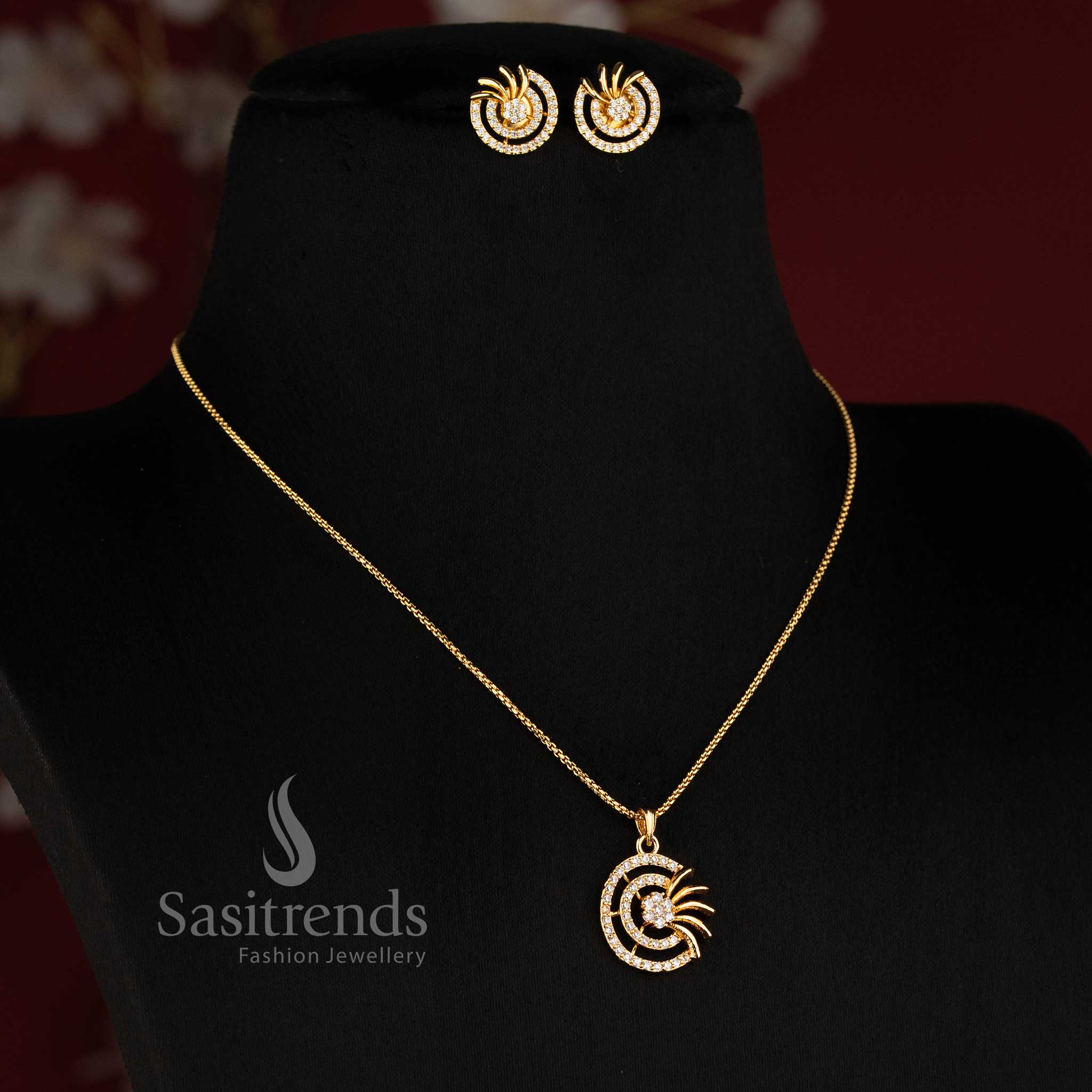 Micro Gold Plated American Diamond Crown Pendant Necklace Set for Women - Sasitrends