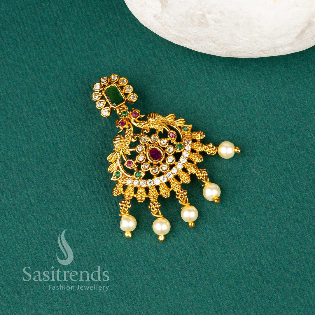 Traditional Matt Gold Plated Peacock Designer Pearl Hanging Multi AD Stone Pendant Sasitrends Online Shopping