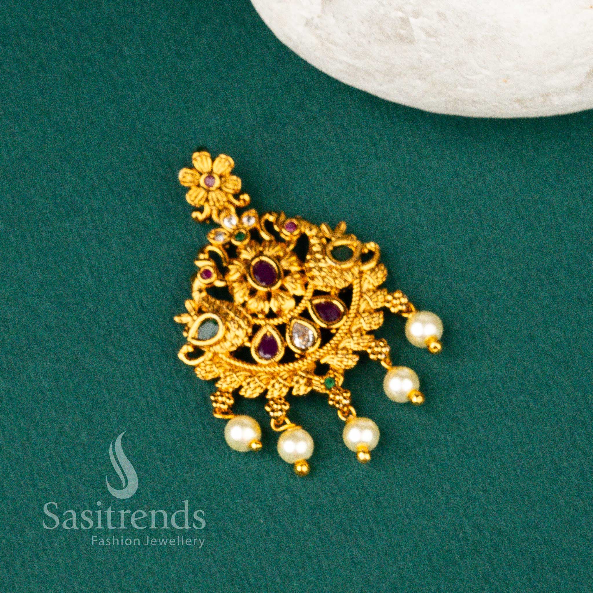 Wedding Wear Matt Gold Plated Flower Designer Multi AD Stone Studded Pearl Hanging Pendant Sasitrends