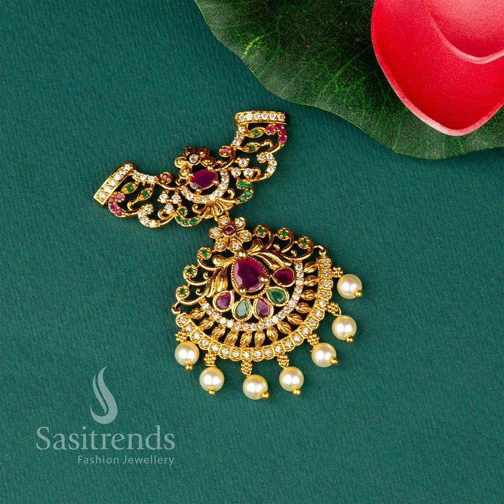 Elegant Temple Matte Gold Plated Three Hook AD Pendant for Traditional Occasions