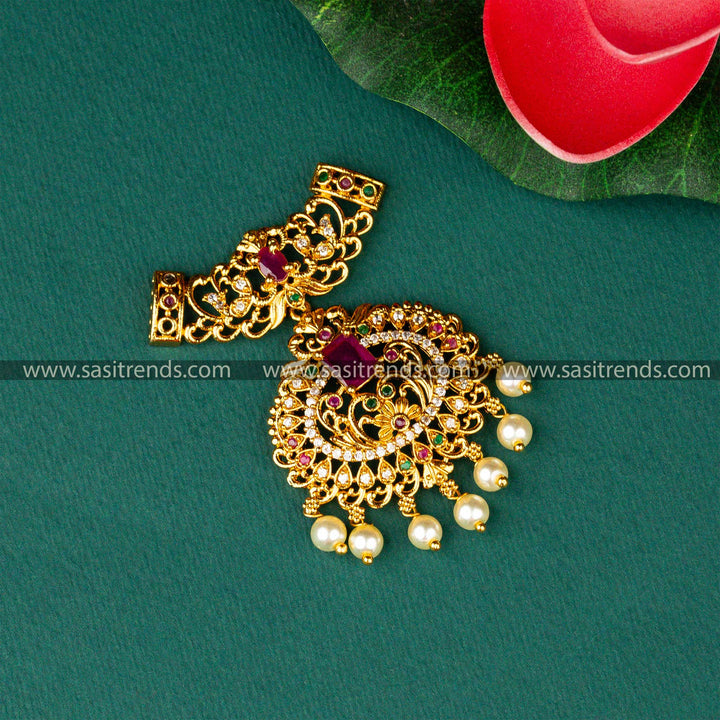 Wedding Elegance Matt Gold Plated Floral Designer Multi AD Stone Three Hook Pearl Pendant Sasitrends Online Shopping