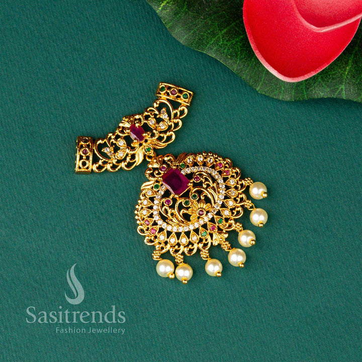 Wedding Elegance Matt Gold Plated Floral Designer Multi AD Stone Three Hook Pearl Pendant Sasitrends Online Shopping
