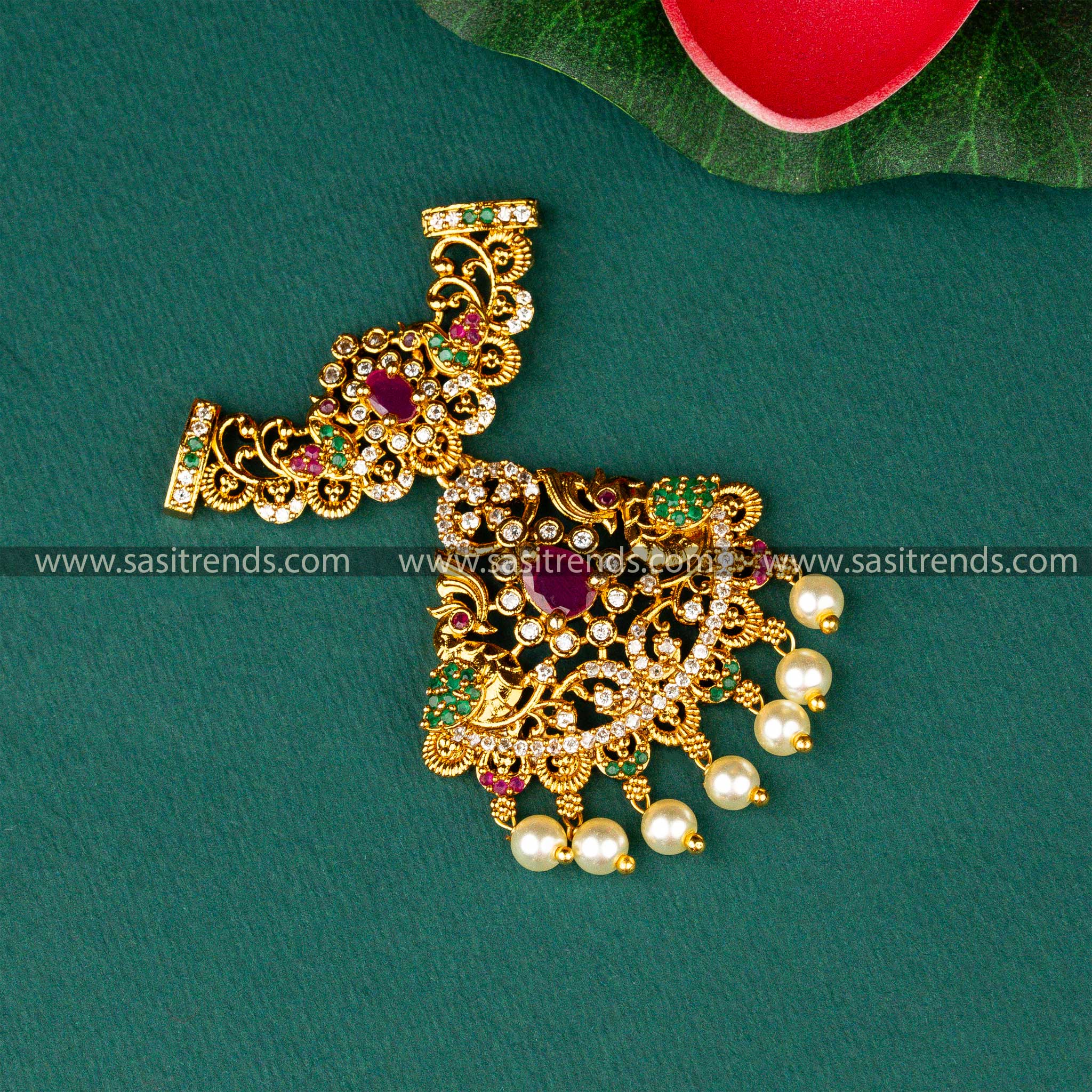 Temple Elegance Matt Gold Plated Floral Designer Multi AD Stone Three Hook Pearl Pendant 