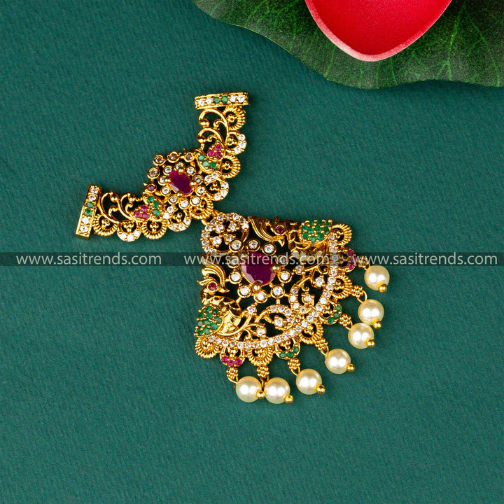 Temple Elegance Matt Gold Plated Floral Designer Multi AD Stone Three Hook Pearl Pendant 