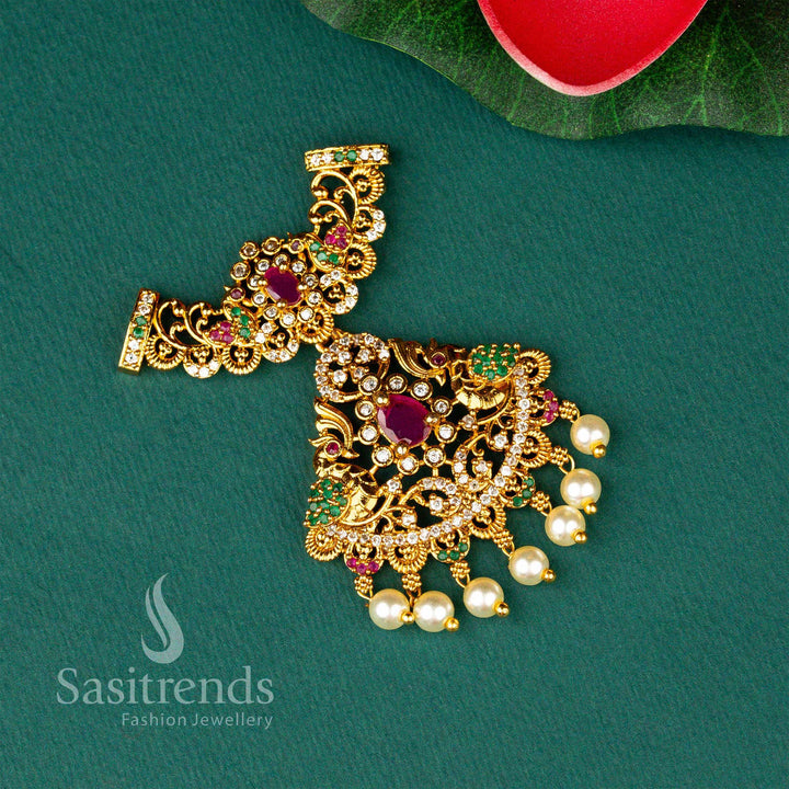 Temple Elegance Matt Gold Plated Floral Designer Multi AD Stone Three Hook Pearl Pendant 
