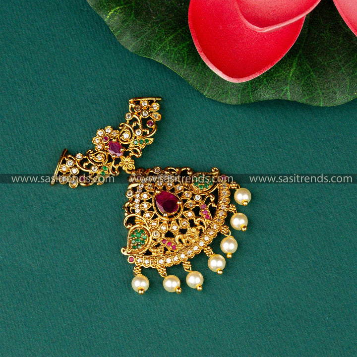 Beautiful Matt Gold Plated Floral Designer Multi AD Stone Three Hook Pendant Online