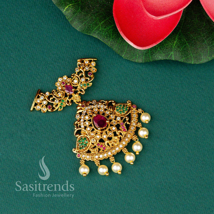 Beautiful Matt Gold Plated Floral Designer Multi AD Stone Three Hook Pendant Online