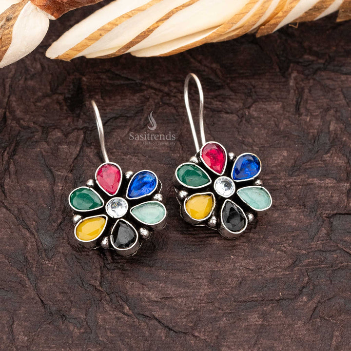Sasitrends - Traditional Oxidised Silver Earrings with AD Stones Floral Design