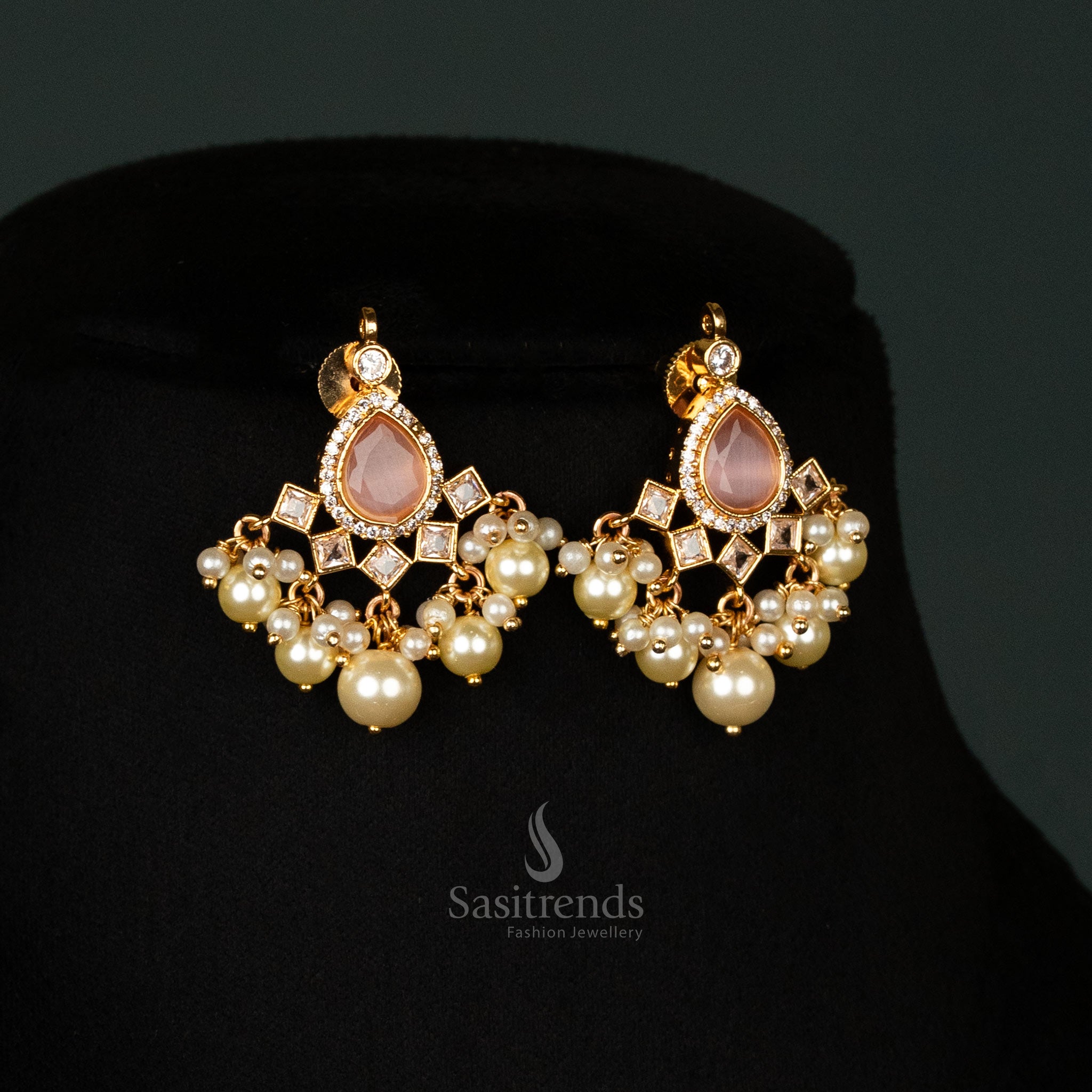 Festive Micro Gold Plated Beaded Chain Necklace Set with Matching Earrings