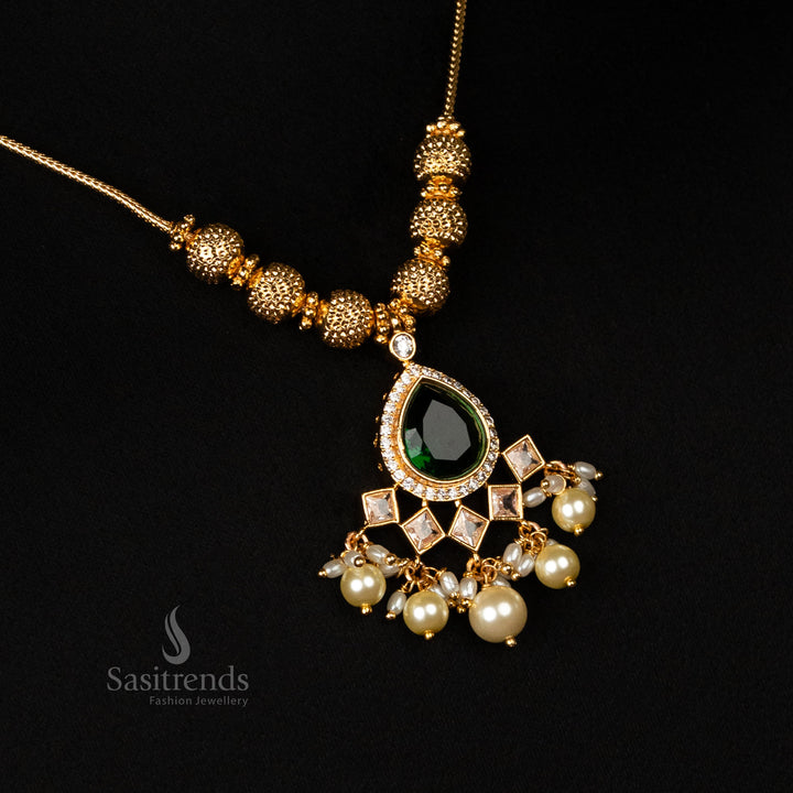 Festive Micro Gold Plated Beaded Chain Green  Necklace Set with Matching Earrings