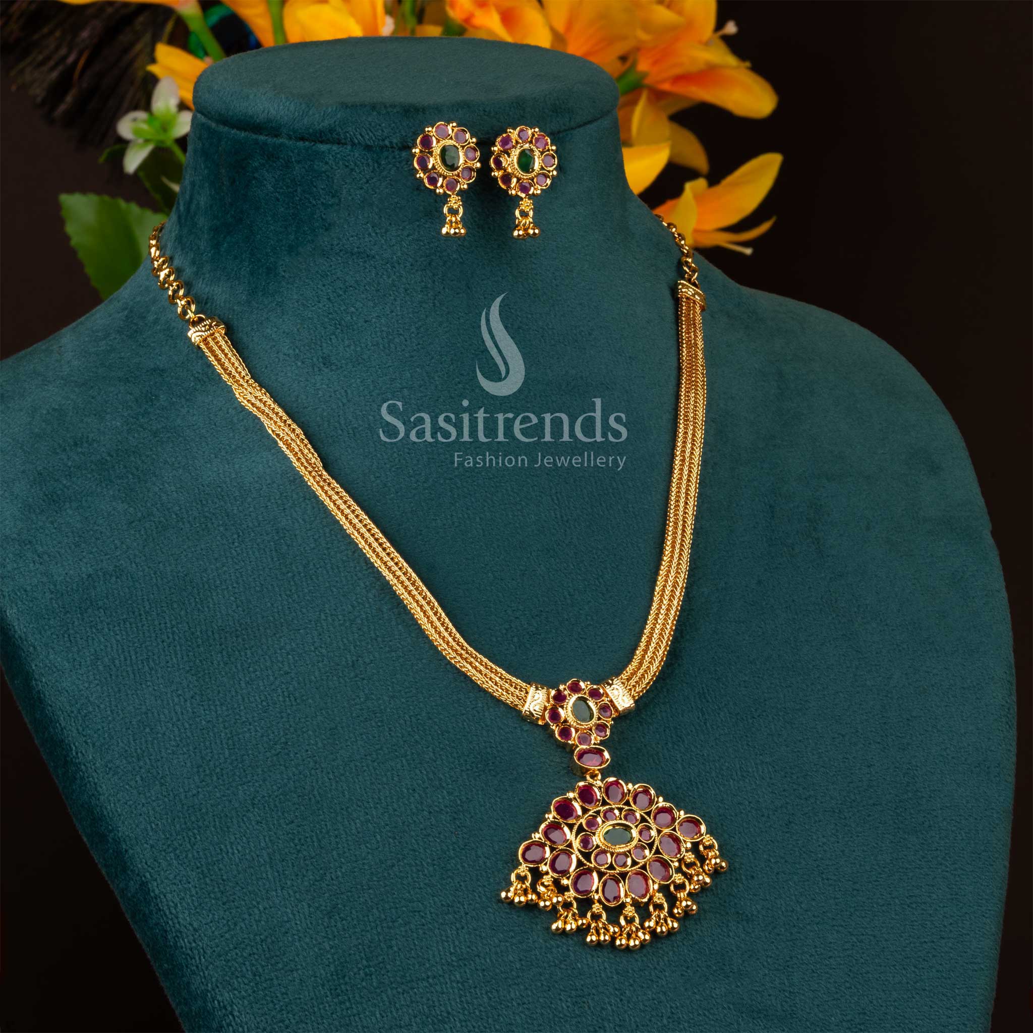 One Gram Micro Gold Plated Floral Medallion AD Stone Multi-Strand Necklace Set - Sasitrends