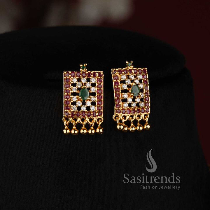 Detailed Rectangular AD Grid Pendant with Teardrop Centre Stone and Golden Bead Drops - Sasitrends
