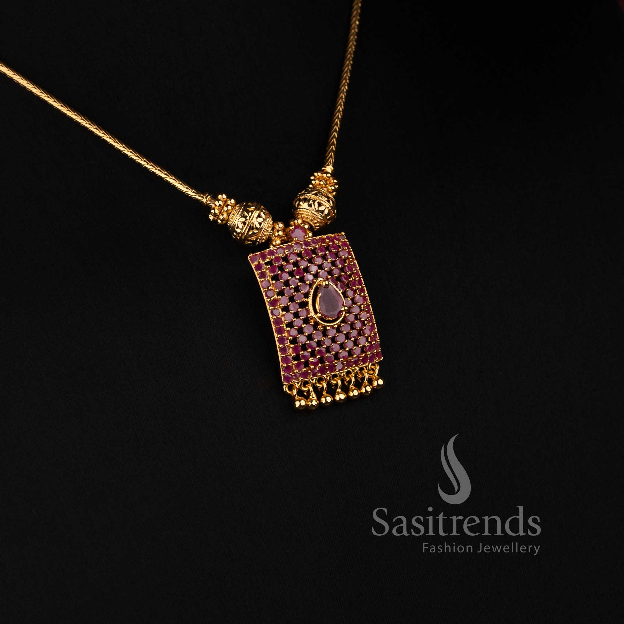 Micro Gold Plated Rectangular American Diamond Necklace Set with Matching Earrings - Sasitrends
