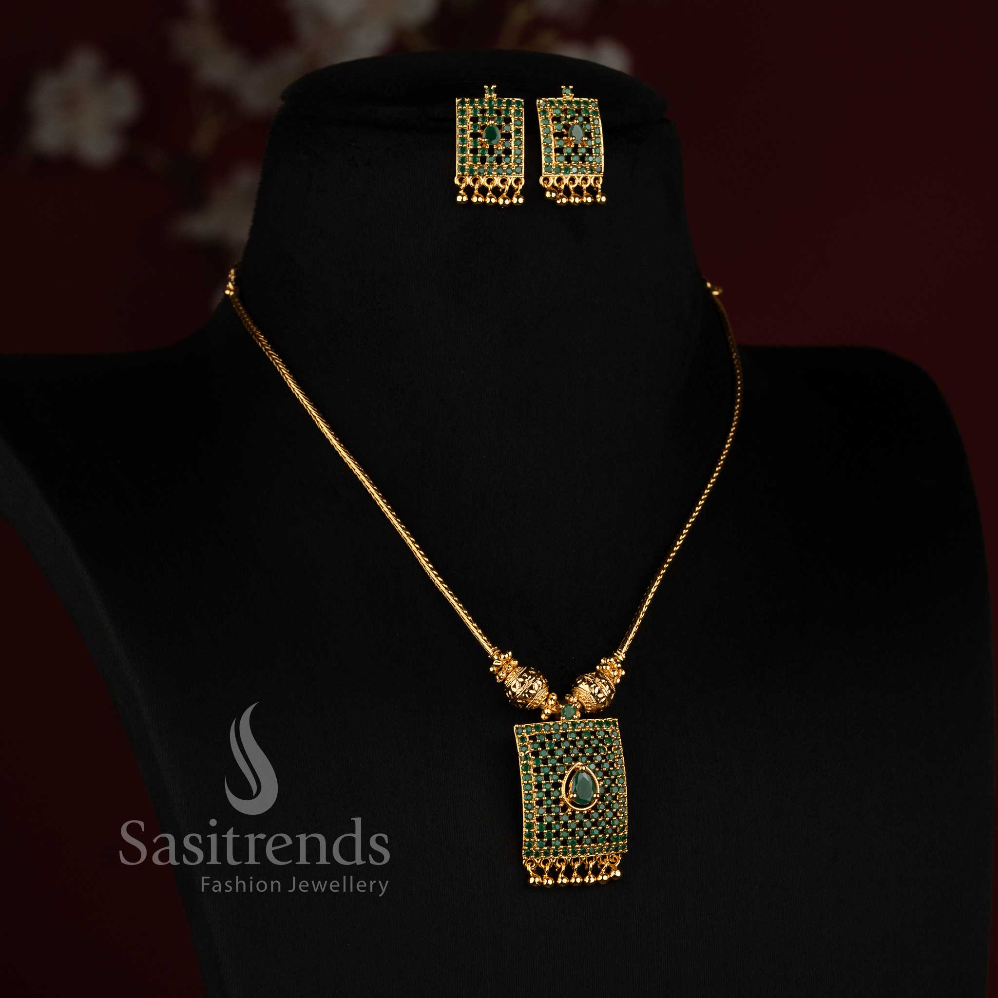 One Gram Micro Gold Plated AD Necklace Set for Sarees and Traditional Wear - Sasitrends