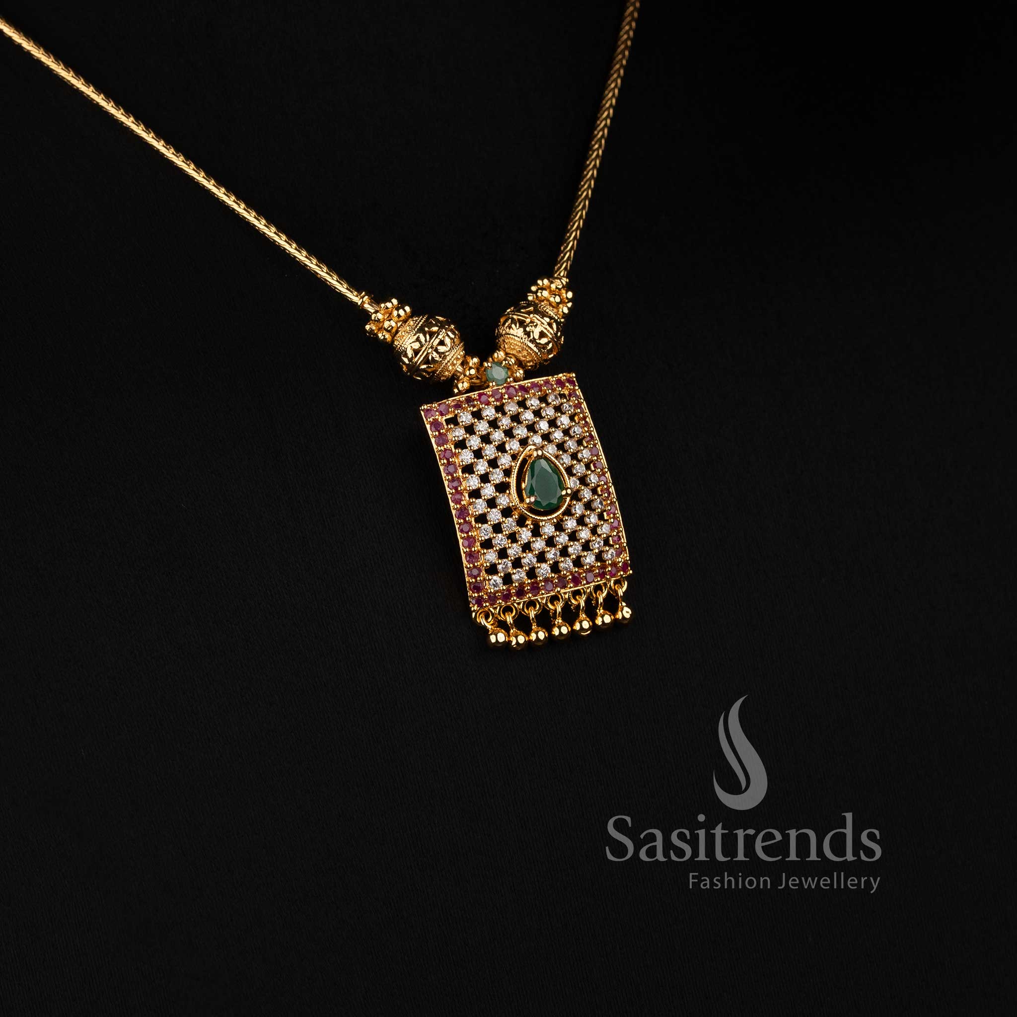 Micro Gold Plated Rectangular Grid AD Pendant Necklace with Matching Stud Earrings - Sasitrends