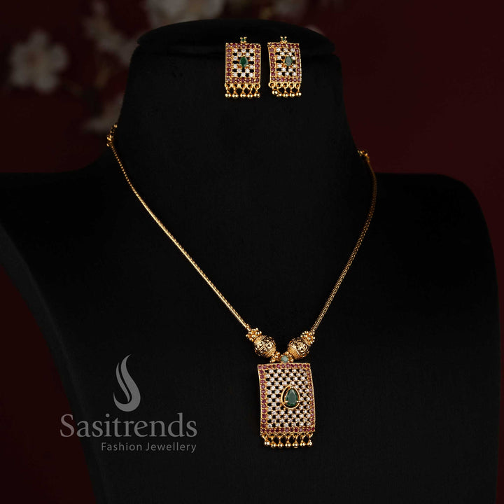 Micro Gold Plated Rectangular Grid AD Pendant Necklace with Matching Stud Earrings - Sasitrends