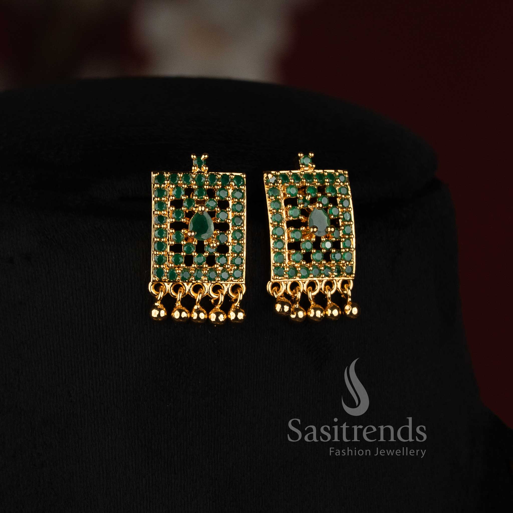 Micro Gold Plated Rectangular American Diamond Necklace Set with Matching Earrings - Sasitrends