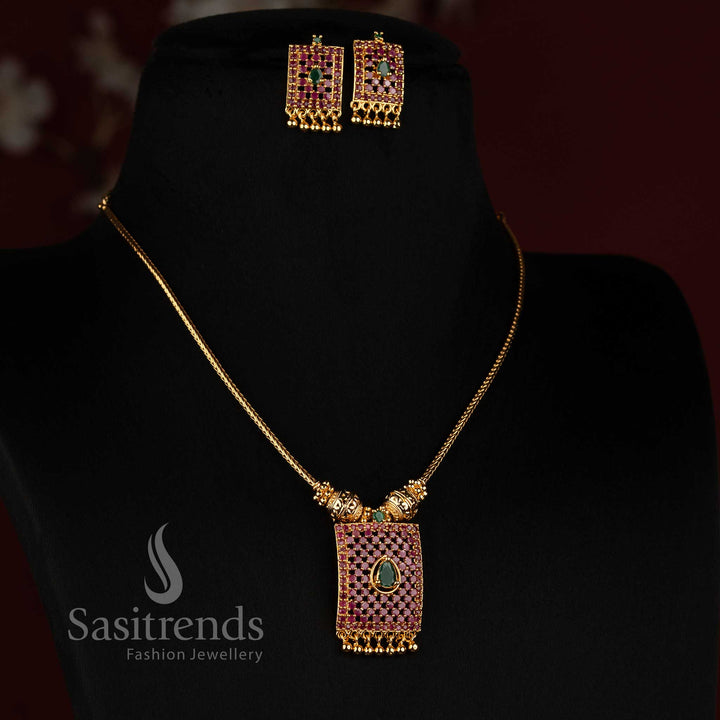 Rectangular AD Grid Pendant with Teardrop Centre Stone and Golden Bead Drops - Sasitrends