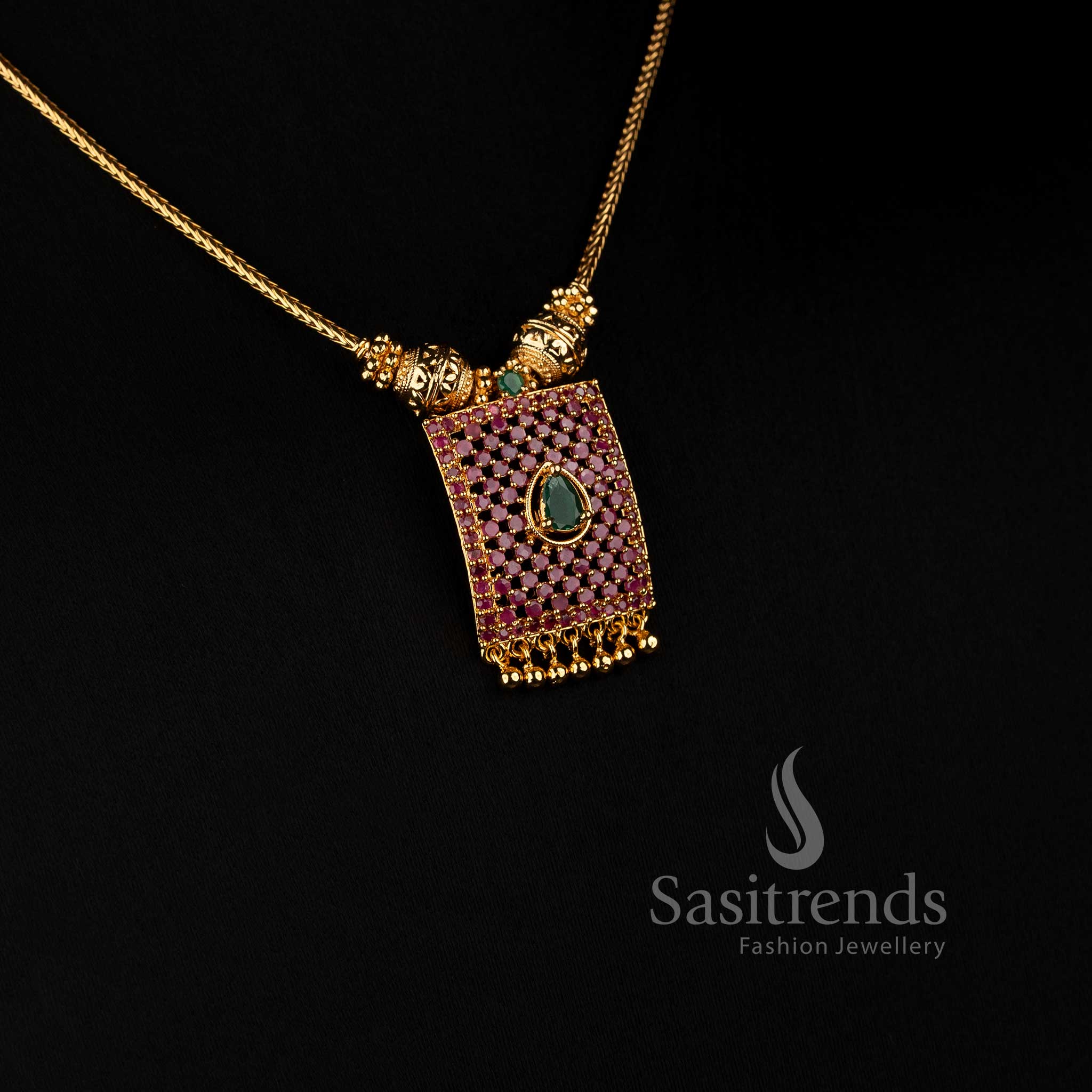 Rectangular AD Grid Pendant with Teardrop Centre Stone and Golden Bead Drops - Sasitrends