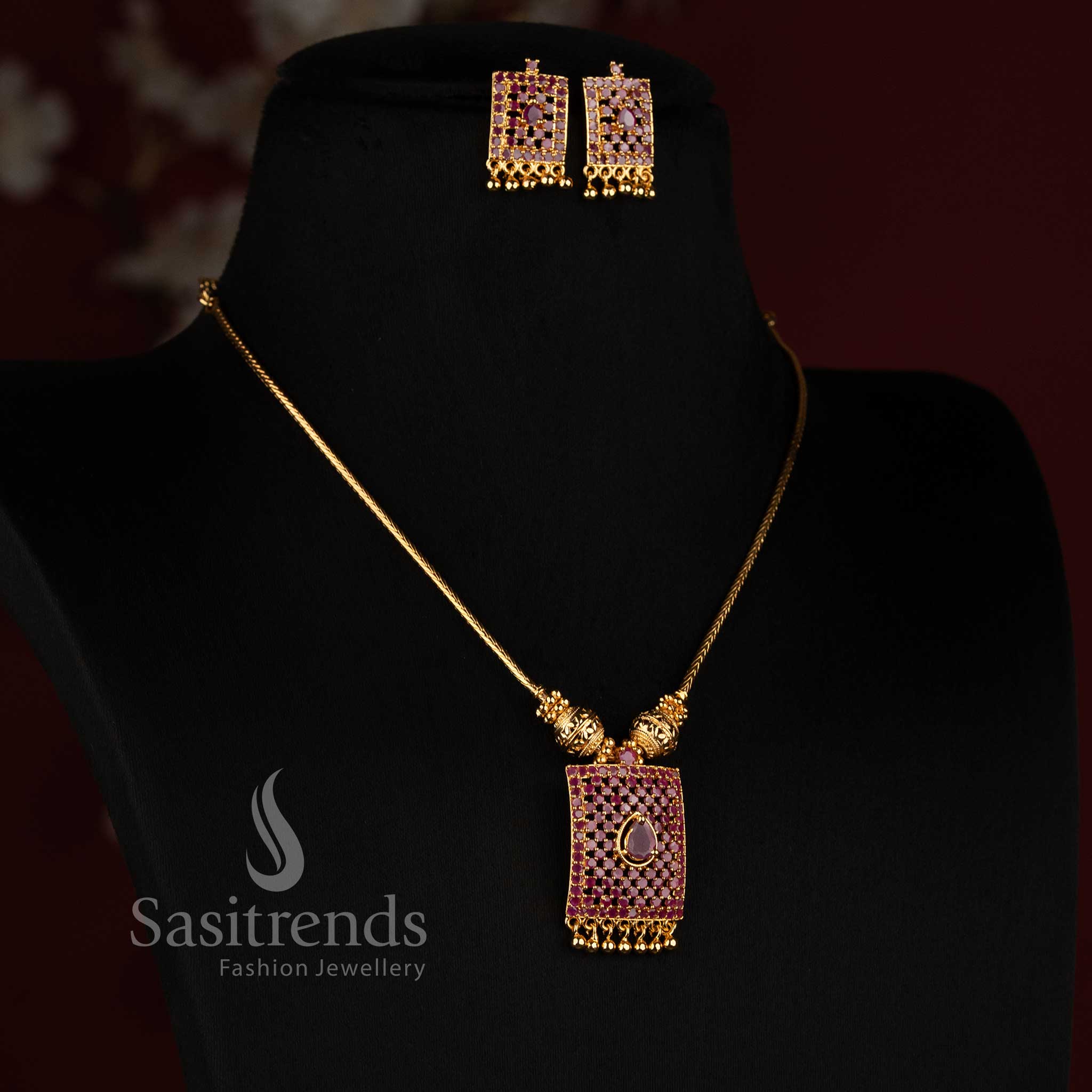 Micro Gold Plated Rectangular Grid AD Pendant Necklace with Matching Stud Earrings - Sasitrends