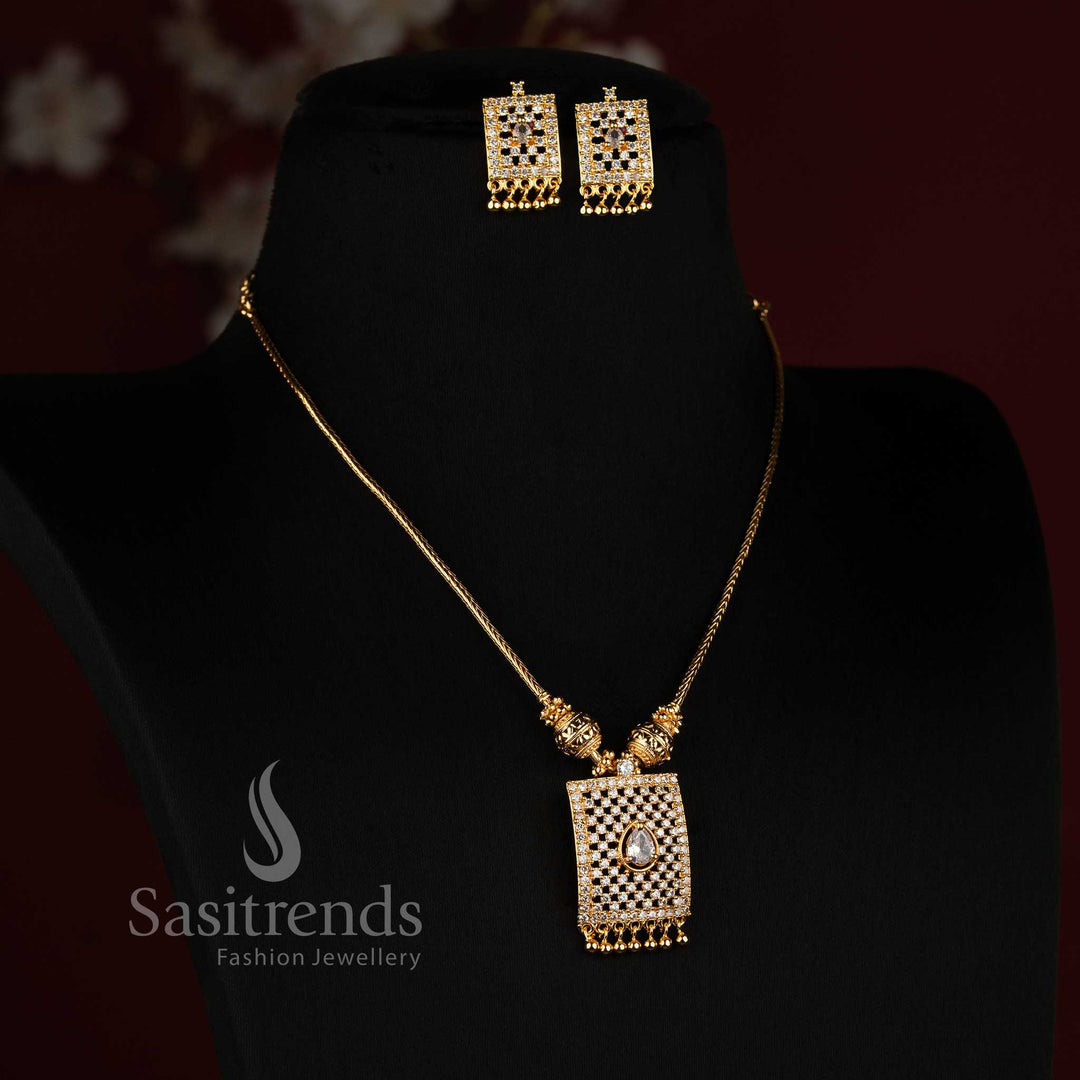 1. Elegant Micro Gold Plated Rectangular American Diamond Necklace Set with Matching Earrings - Sasitrends