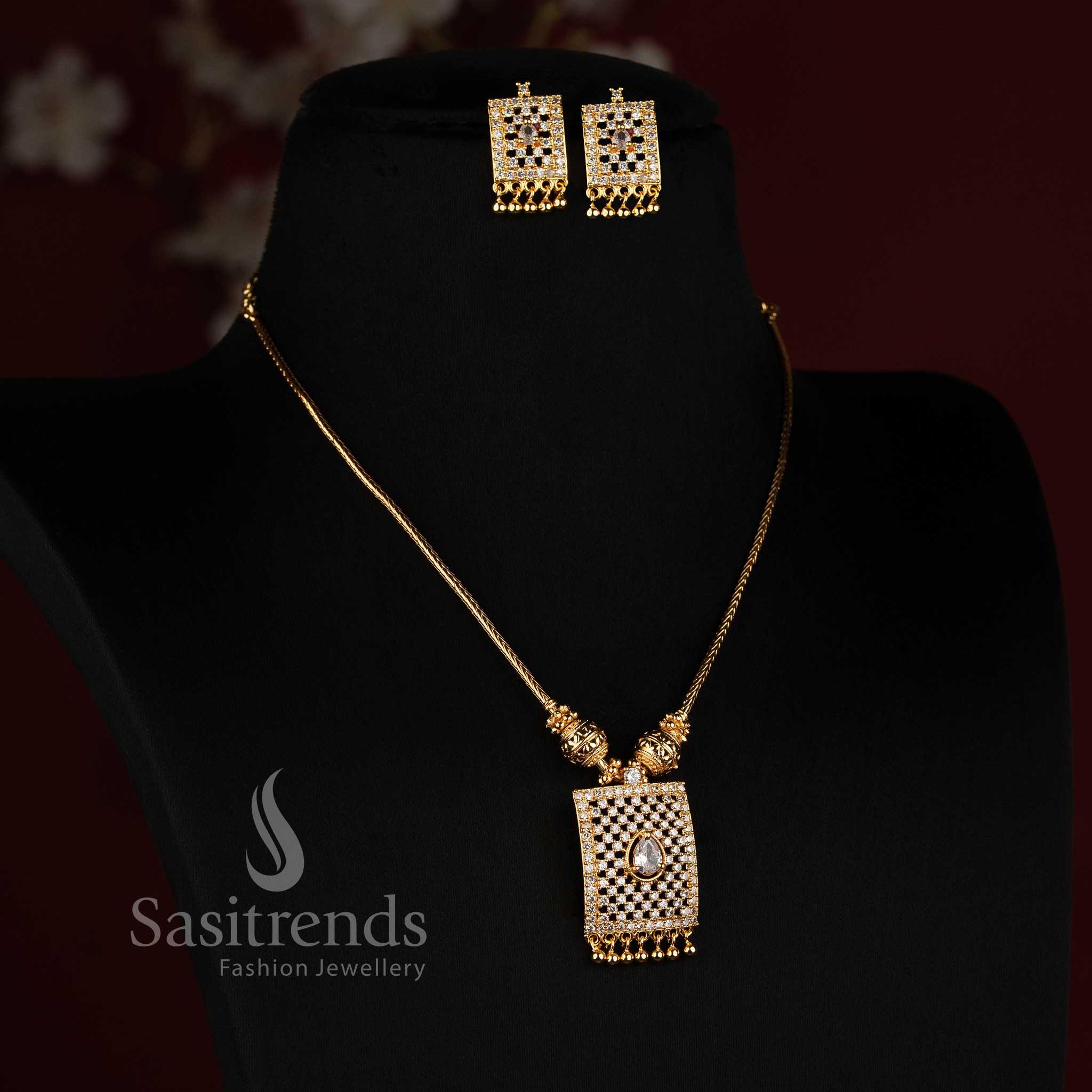 1. Elegant Micro Gold Plated Rectangular American Diamond Necklace Set with Matching Earrings - Sasitrends