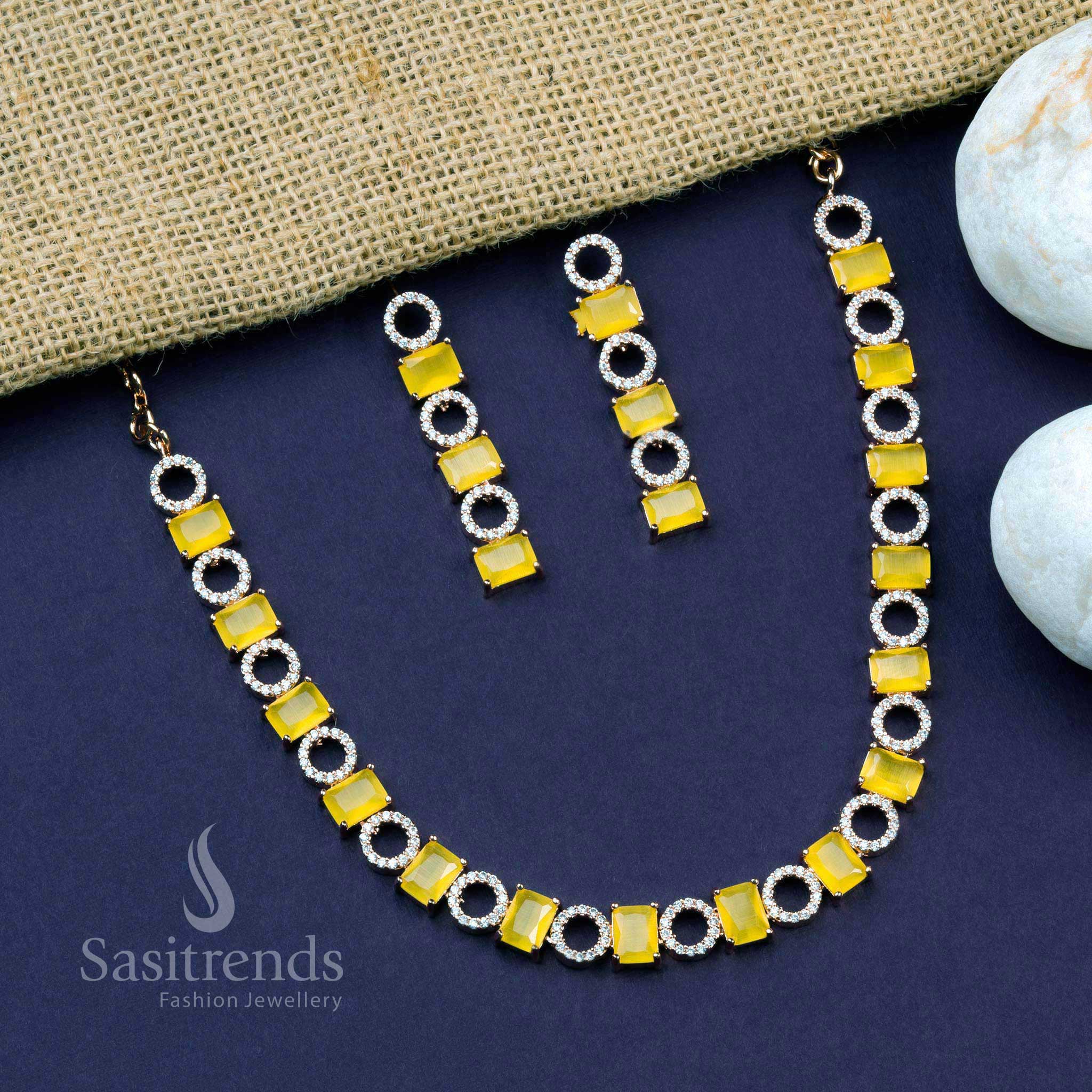 LCD yellow rose gold plated American diamond jewellery set radiating modern glimmer and sunny elegance for festive occasions – Sasitrends
