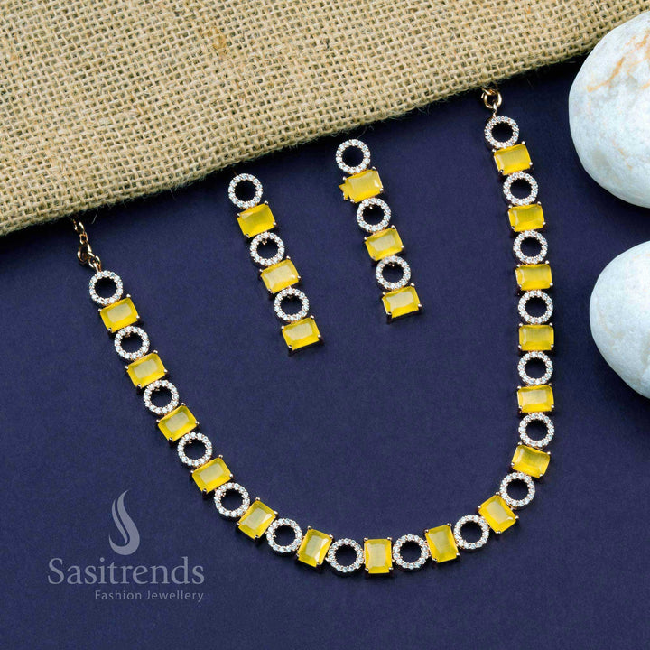 LCD yellow rose gold plated American diamond jewellery set radiating modern glimmer and sunny elegance for festive occasions – Sasitrends