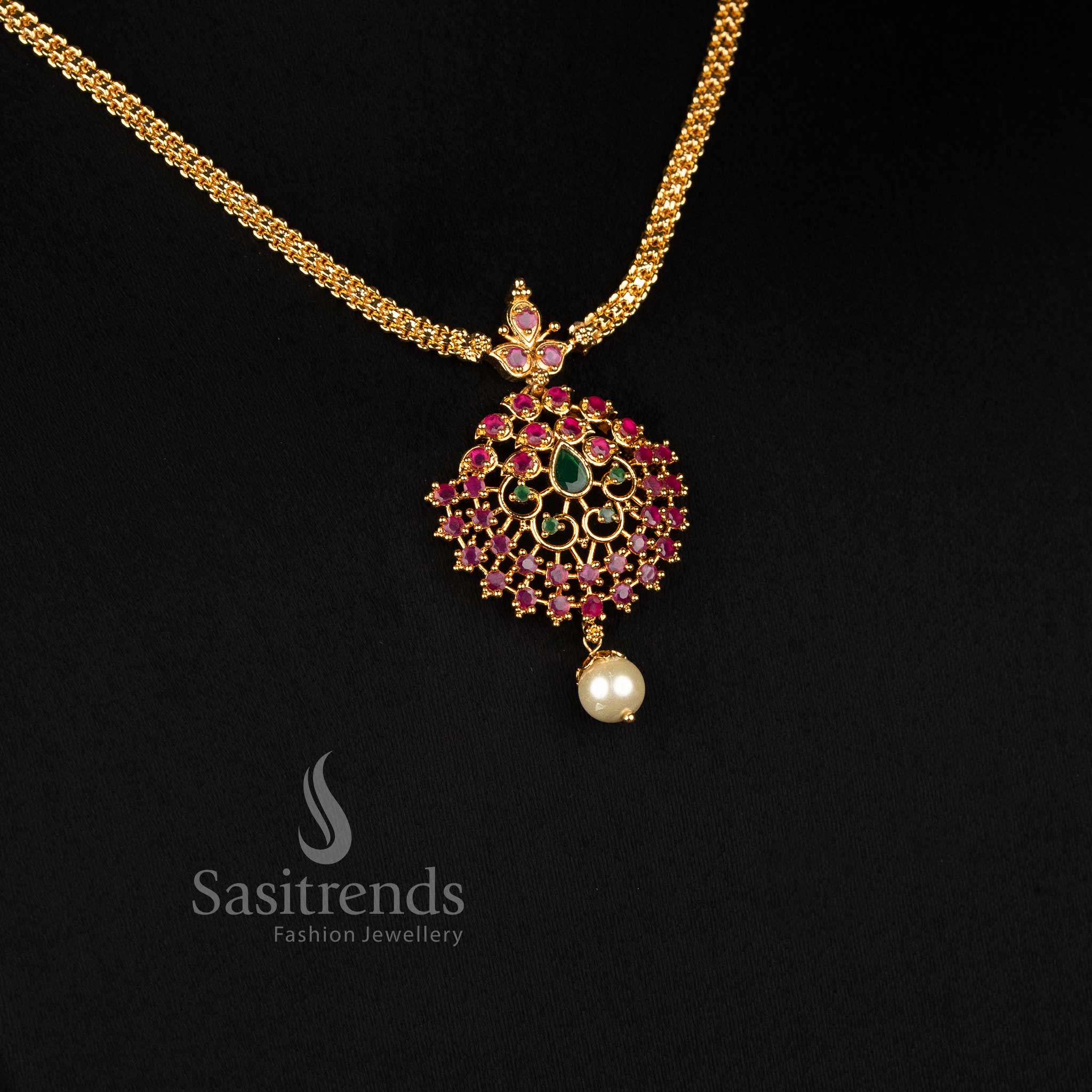 Beautiful Micro Gold Plated Floral Cluster American Diamond Pearl Necklace for Women - Sasitrends