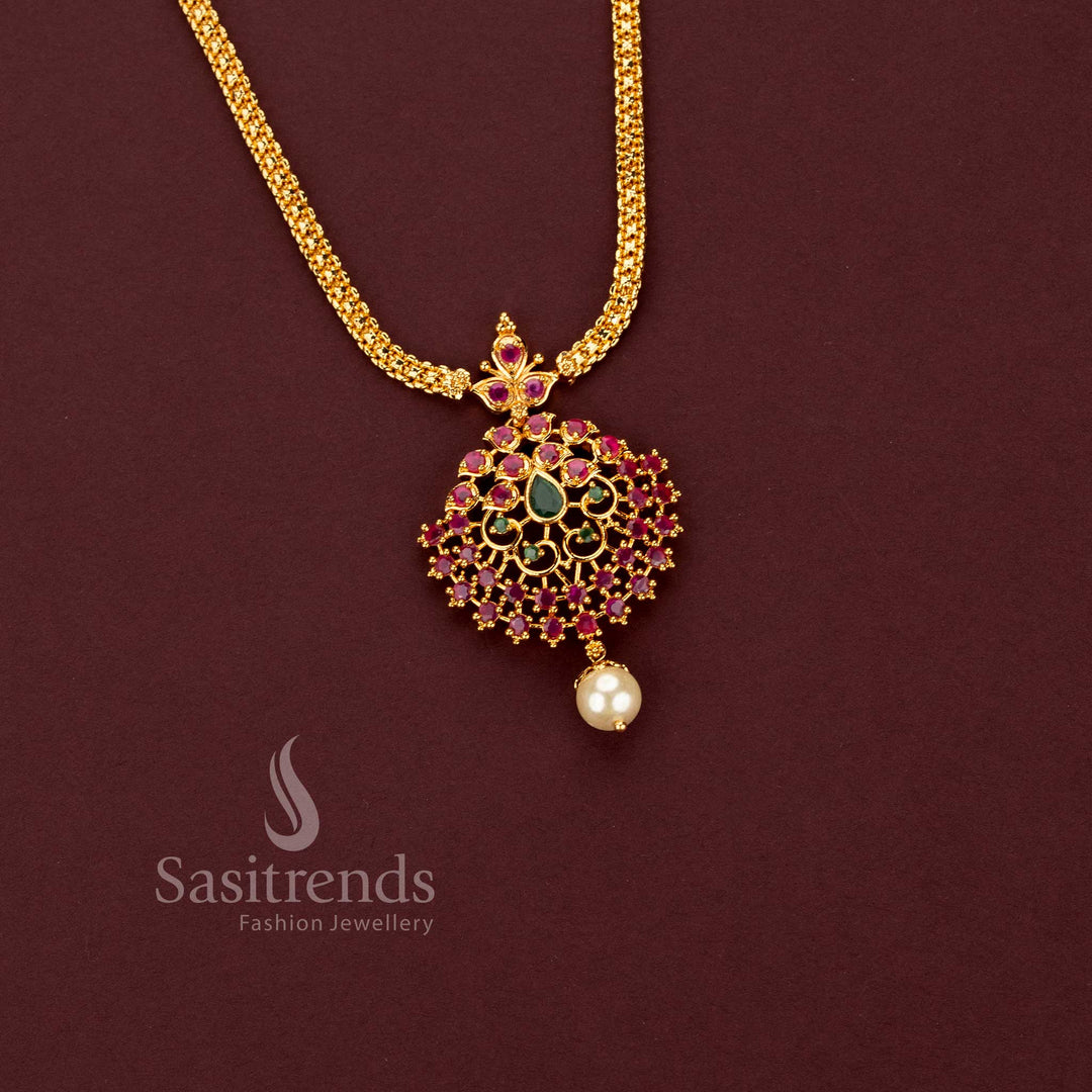 One Gram Micro Gold Plated Ruby Emerald AD Stone Pendant Necklace for Women - Sasitrends