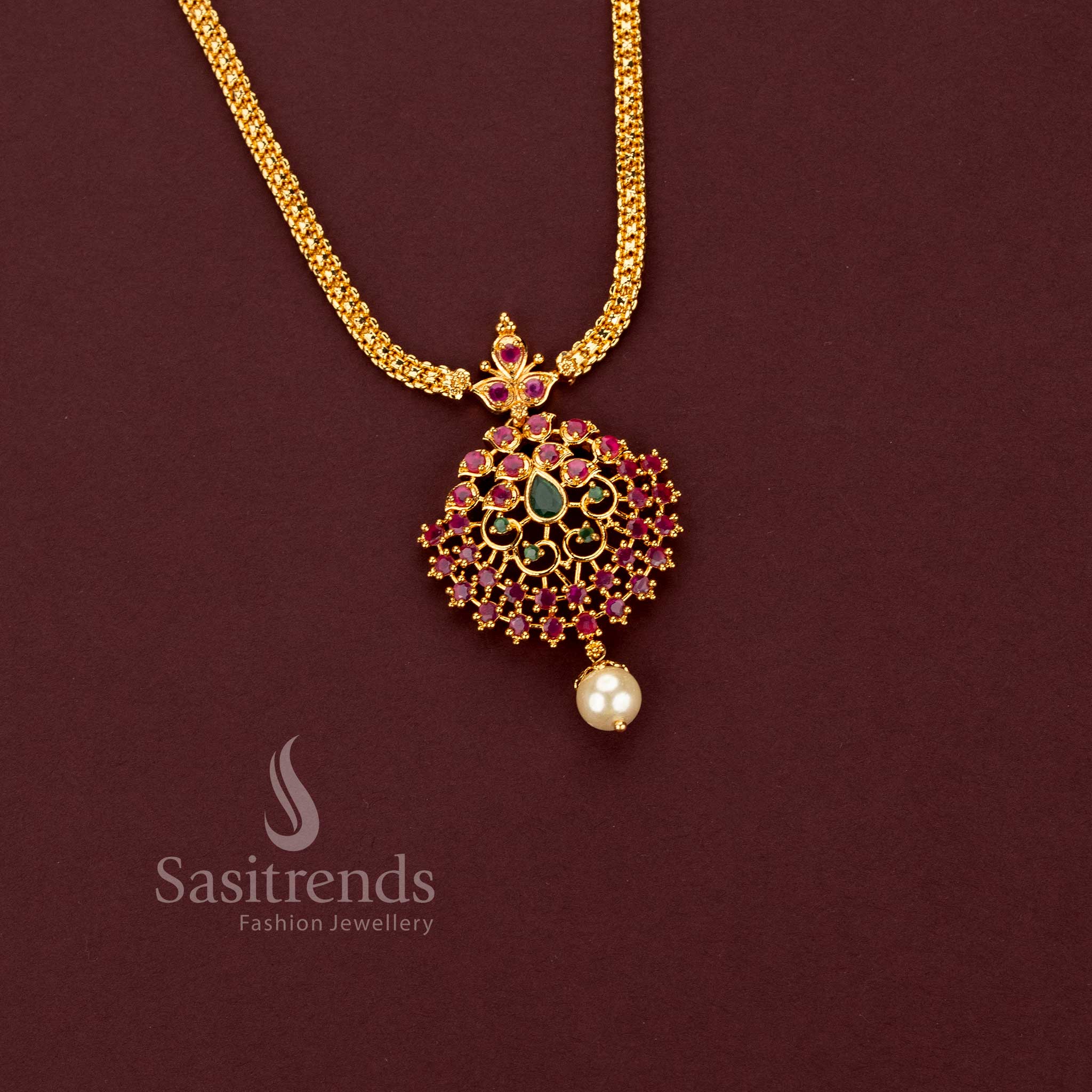One Gram Micro Gold Plated Ruby Emerald AD Stone Pendant Necklace for Women - Sasitrends