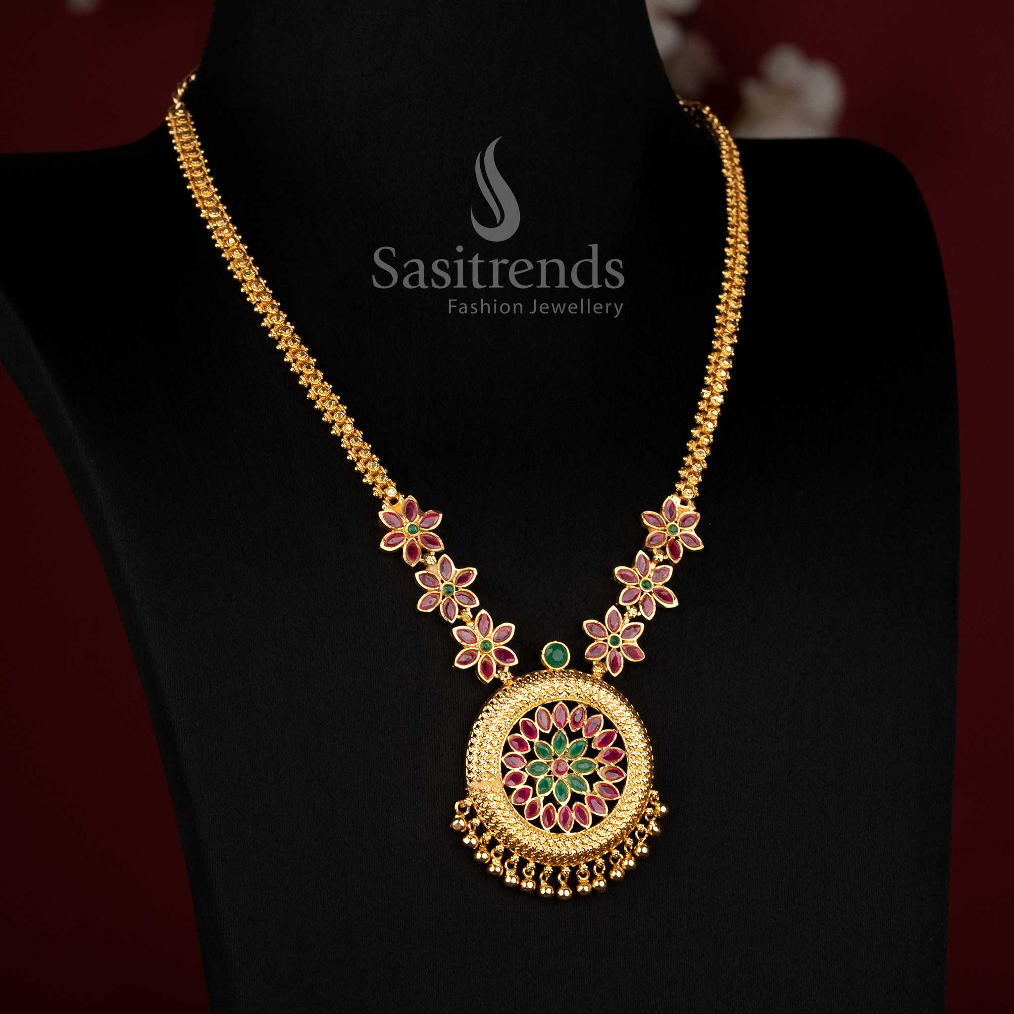 24K One Gram Micro Gold Plated Floral Medallion Necklace for Wedding and Festive Wear - Sasitrends