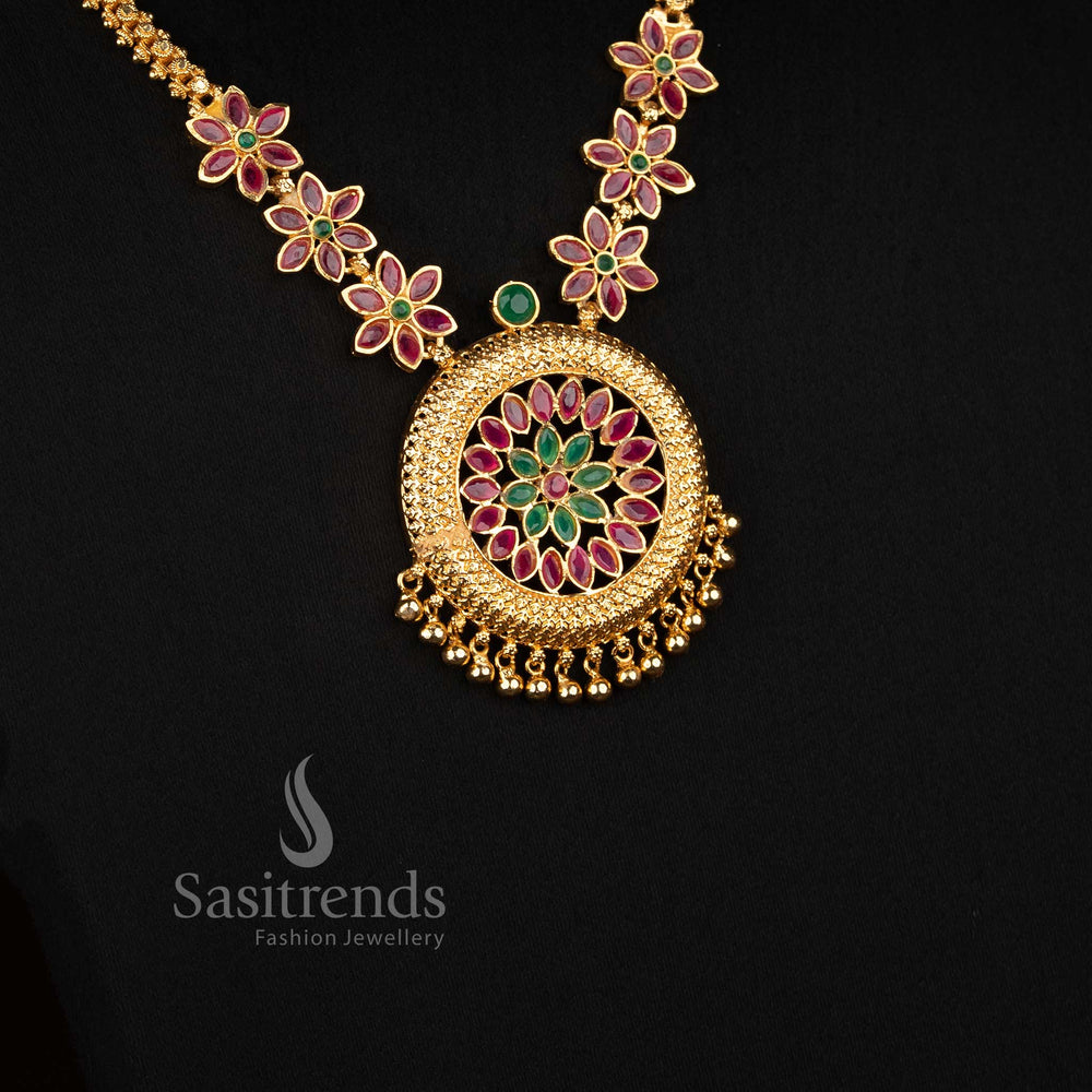 One Gram Micro Gold Plated Floral Medallion AD Stone Necklace for Women - Sasitrends