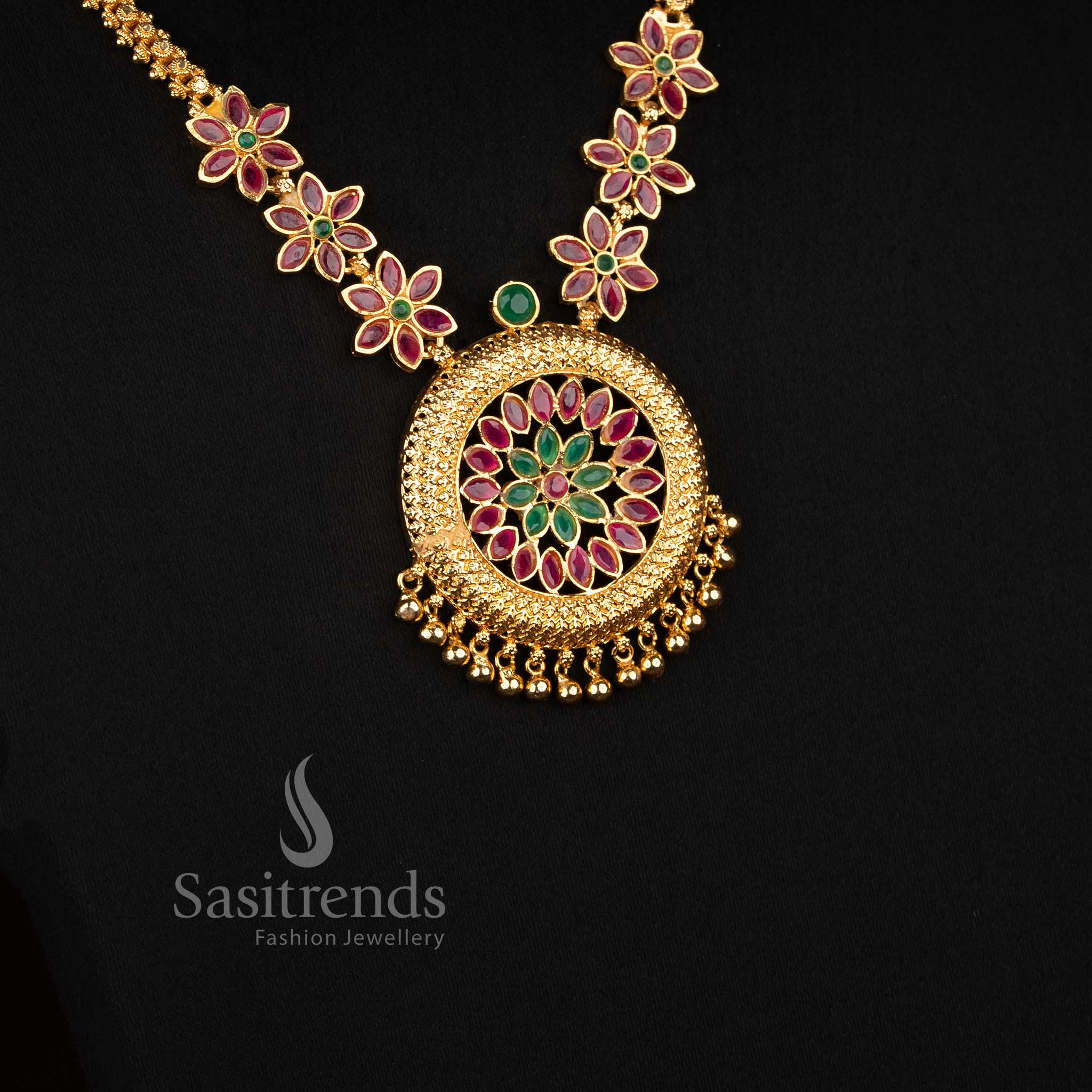 One Gram Micro Gold Plated Floral Medallion AD Stone Necklace for Women - Sasitrends