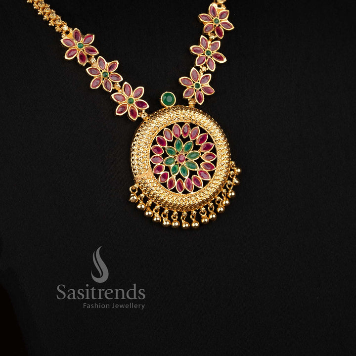 One Gram Micro Gold Plated Floral Medallion AD Stone Necklace for Women - Sasitrends