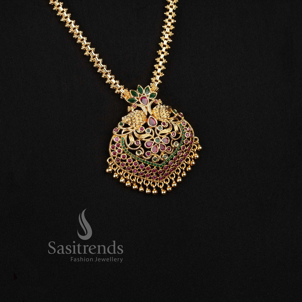 One Gram 24K Micro Gold Plated Peacock AD Stone Long Haram Necklace - Sasitrends