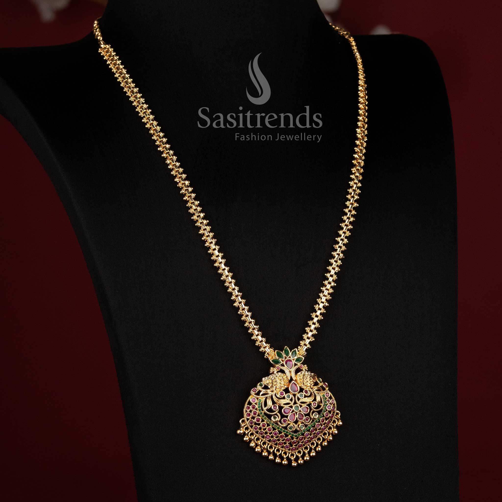 One Gram Micro Gold Plated Peacock AD Stone Long Chain Necklace for Women - Sasitrends