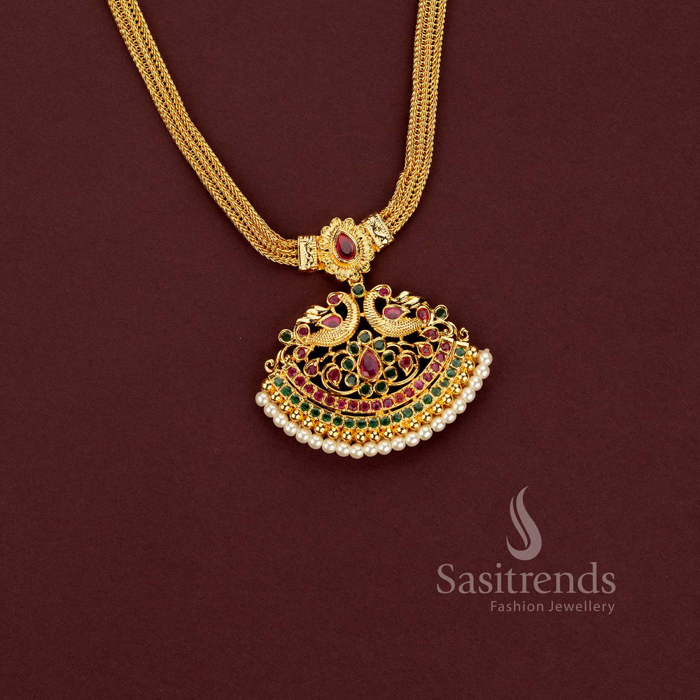One Gram 24K Micro Gold Plated Peacock AD Stone Drop Designer Chain Necklace - Sasitrends