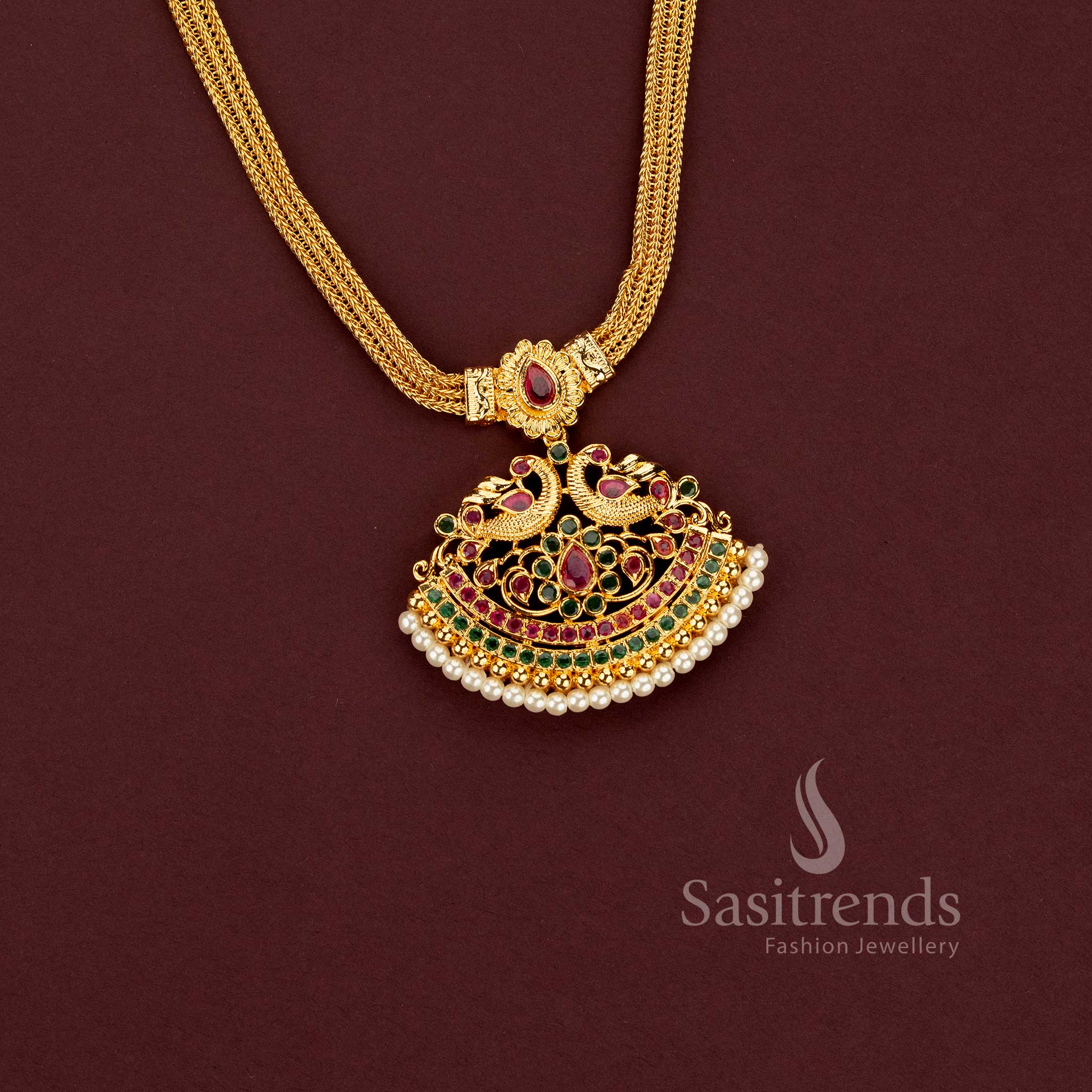 One Gram 24K Micro Gold Plated Peacock AD Stone Drop Designer Chain Necklace - Sasitrends