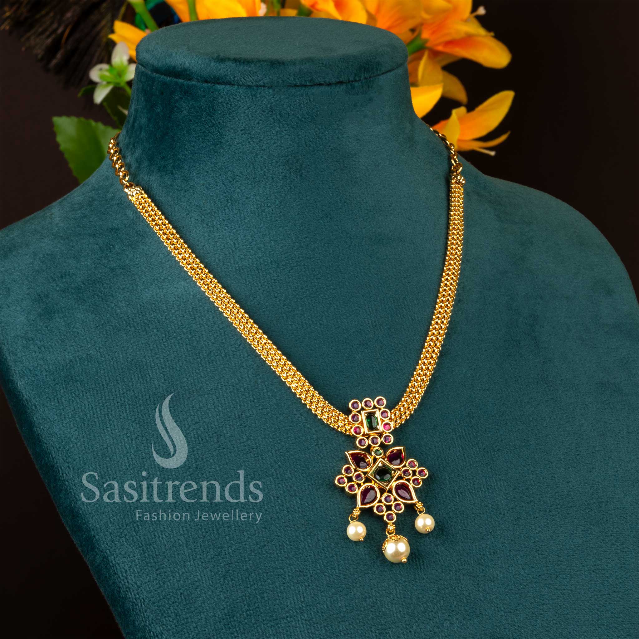 Micro Gold Plated Floral AD Stone Pearl Drop Pendant Necklace - Sasitrends