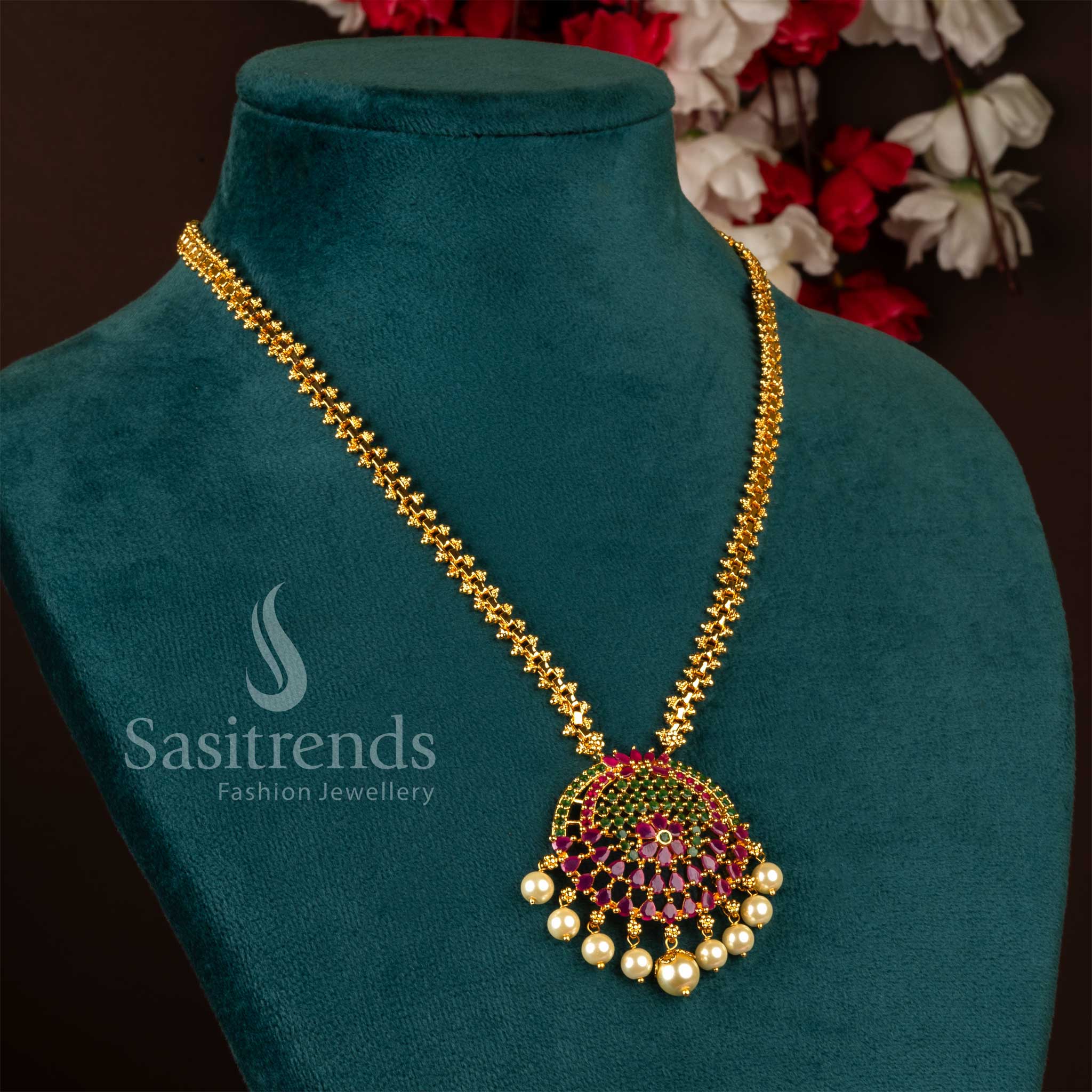 	Stunning Micro Gold Plated Ruby Green Chandbali Pearl Drop Box Link Chain Necklace - Sasitrends