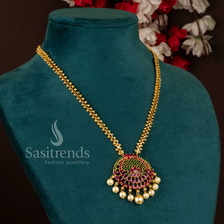 Stunning Micro Gold Plated Ruby Green Chandbali Pearl Drop Box Link Chain Necklace for Festive Wear - Sasitrends